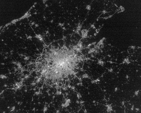 Overhead view of night lights of London